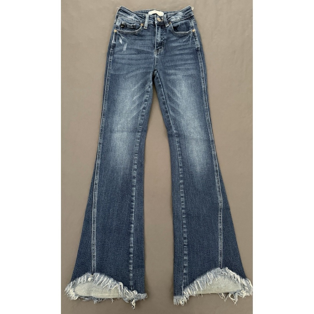 KanCan Flare Jeans Womens 24 Mid Rise Frayed Hem Distressed Stretch Dark Denim